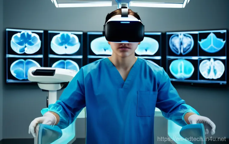 교육공학과 VR 기반 학습 콘텐츠 - **Prompt:** A focused young adult, wearing a sleek, modern VR headset, stands in a hyper-realistic v...