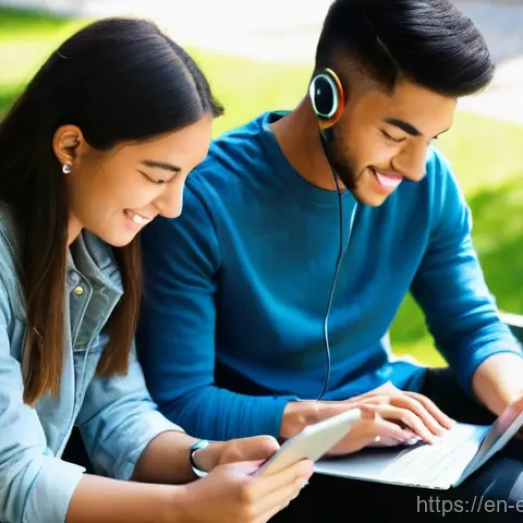 교육공학과 모바일 러닝 - **Prompt:** A diverse group of young adults, aged 18-25, are comfortably engaged in mobile learning ...