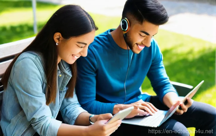 교육공학과 모바일 러닝 - **Prompt:** A diverse group of young adults, aged 18-25, are comfortably engaged in mobile learning ...