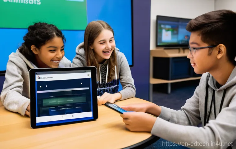 교육공학과 혼합학습 - **"Immersive Discovery with AR/VR"**
    A vibrant classroom where middle school students (aged 12-1...