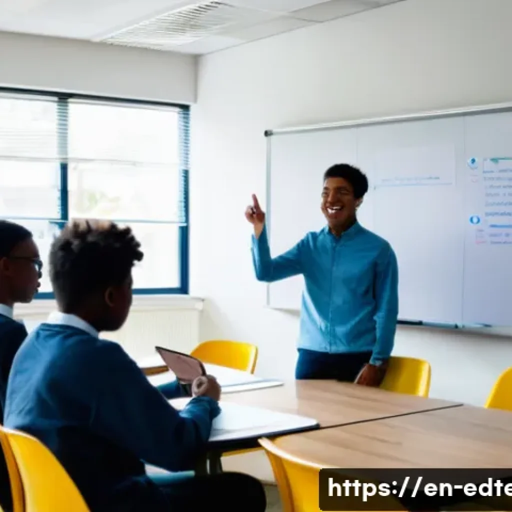 교육공학과 교수법 트레이닝 - **Prompt:** A dynamic, brightly lit modern classroom filled with diverse students (approximately 16-...