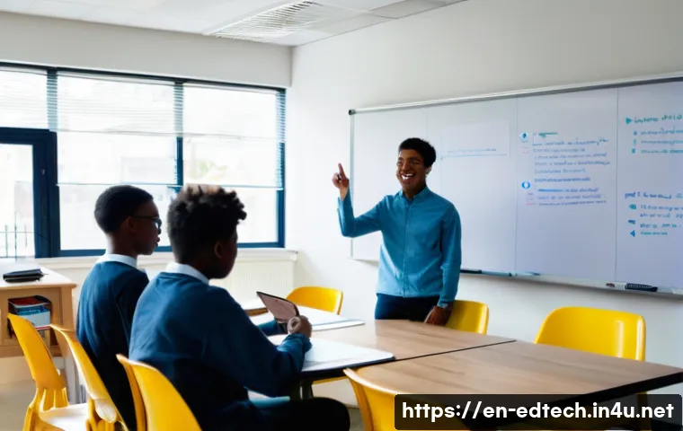 교육공학과 교수법 트레이닝 - **Prompt:** A dynamic, brightly lit modern classroom filled with diverse students (approximately 16-...