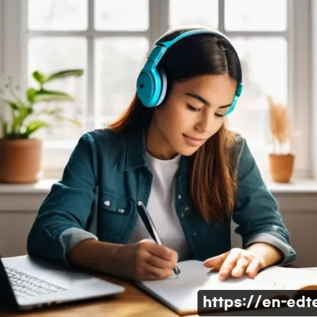 교육공학과 팟캐스트 학습 - A cozy modern home office scene with a young adult woman wearing casual clothes and headphones, deep...