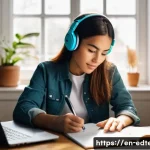교육공학과 팟캐스트 학습 - A cozy modern home office scene with a young adult woman wearing casual clothes and headphones, deep...