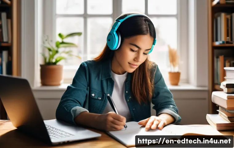 교육공학과 팟캐스트 학습 - A cozy modern home office scene with a young adult woman wearing casual clothes and headphones, deep...