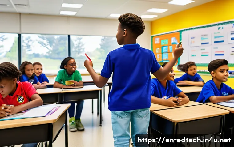 교육공학과 온라인 학습 환경 - A vibrant classroom scene showcasing diverse students engaged with an interactive gamified learning ...