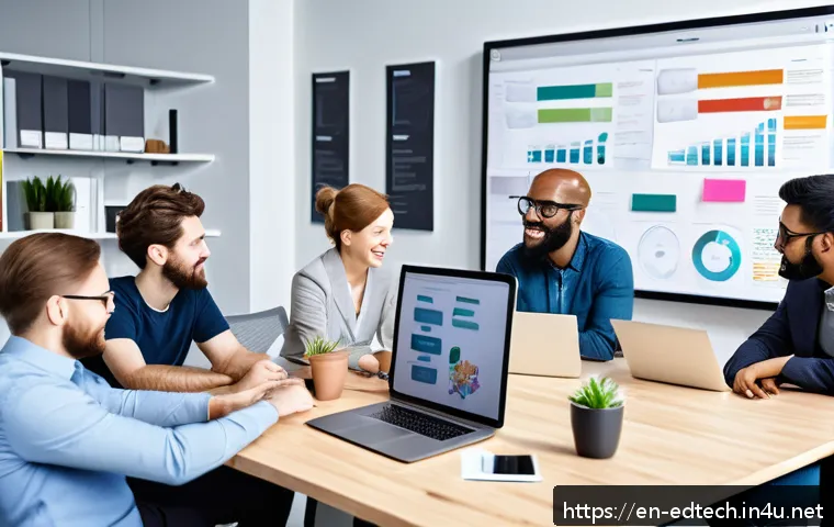 교육공학과 SAM 모델 - A modern, bright office scene showing a diverse team of instructional designers, subject matter expe...