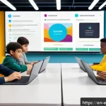 교육공학과 교육용 AI 챗봇 개발 - A modern classroom scene featuring diverse students engaged with AI chatbot technology on tablets an...