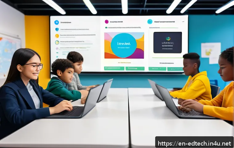 교육공학과 교육용 AI 챗봇 개발 - A modern classroom scene featuring diverse students engaged with AI chatbot technology on tablets an...