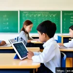 교육공학과 디지털 교육 - A modern classroom scene featuring diverse students using AI-powered adaptive learning tablets, disp...
