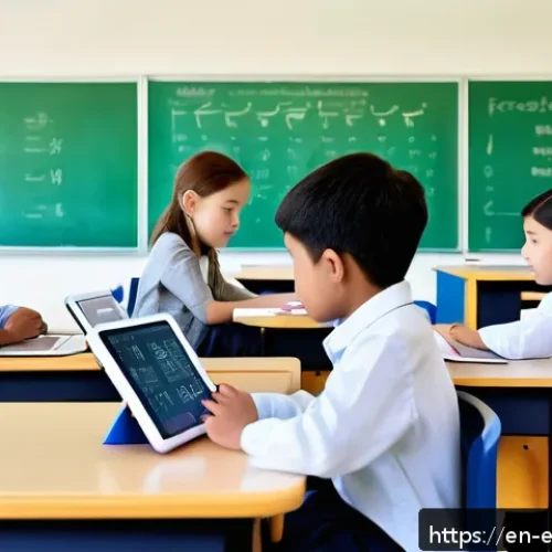 교육공학과 디지털 교육 - A modern classroom scene featuring diverse students using AI-powered adaptive learning tablets, disp...