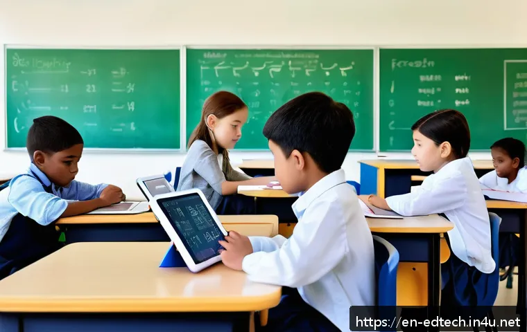교육공학과 디지털 교육 - A modern classroom scene featuring diverse students using AI-powered adaptive learning tablets, disp...